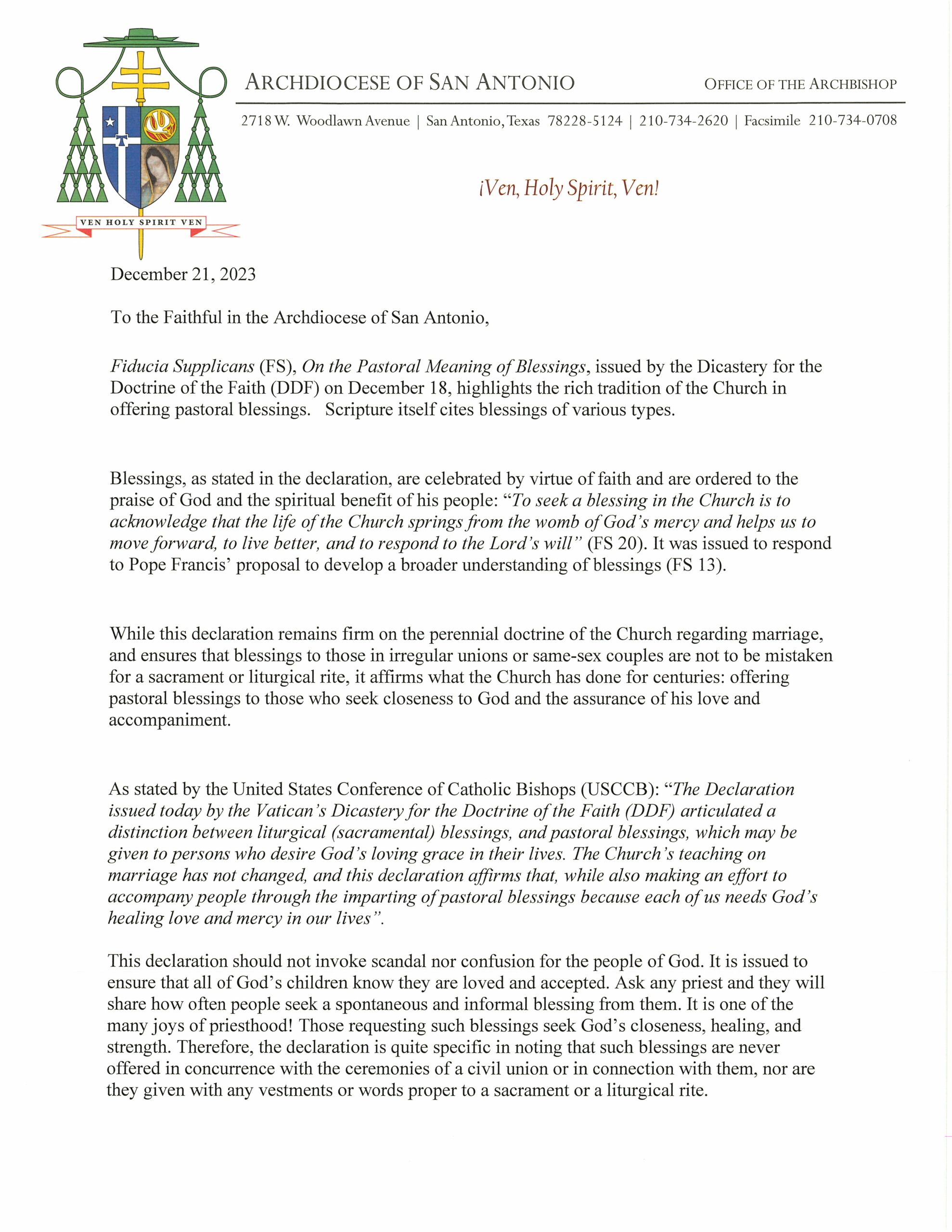 Archbishop Gustavo statement on Fiducia Supplicans (FS)
